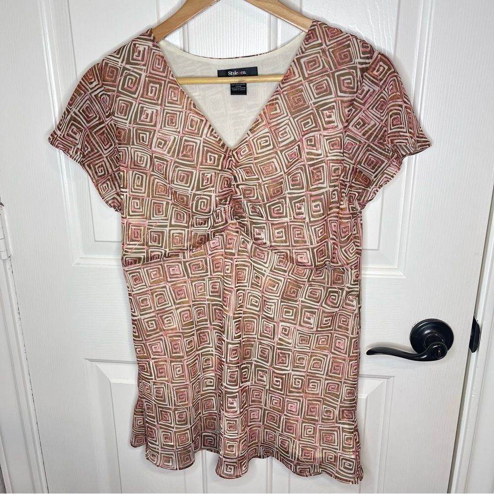 Y2K Style & Co Pink Tan Abstract Square Print Babydoll Blouse Sz 12 Fairycore